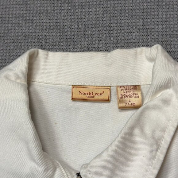 NorthCrest Womens White Full Zip Denim Jacket Long Sleeve Chest Pockets Sz Large - Picture 10 of 16